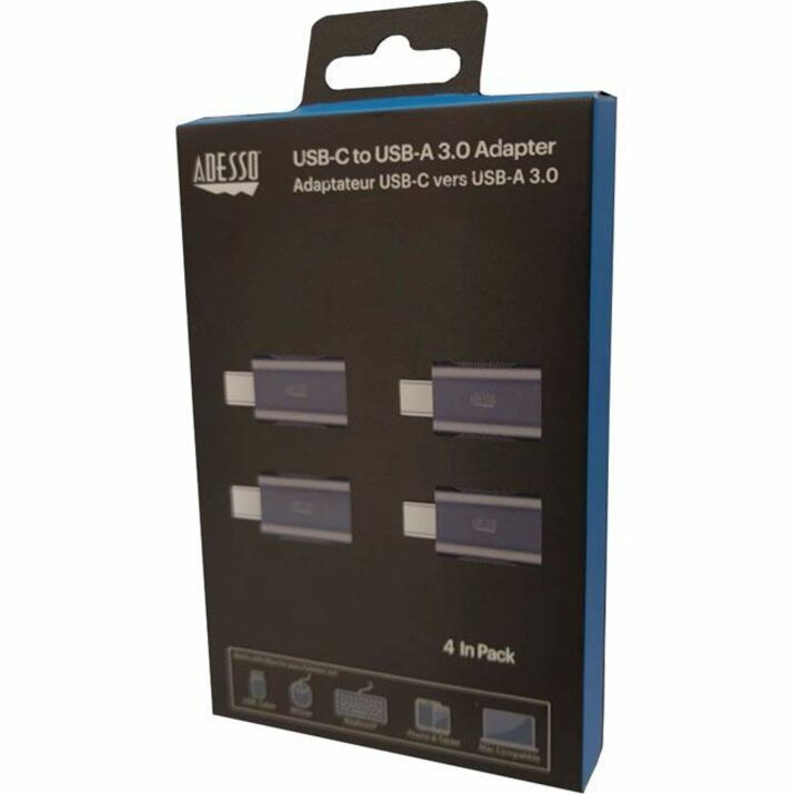 Retail packaging showing four Adesso USB-C to USB-A adapters