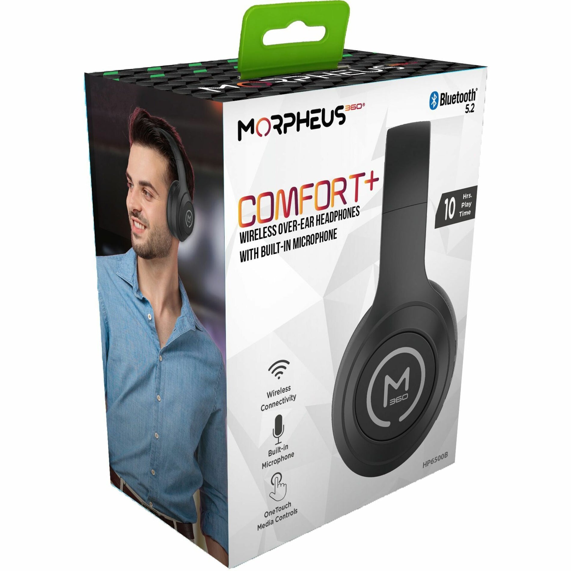 Morpheus 360 COMFORT+ headphones retail packaging showing wireless connectivity and touch control features-alternate-image2