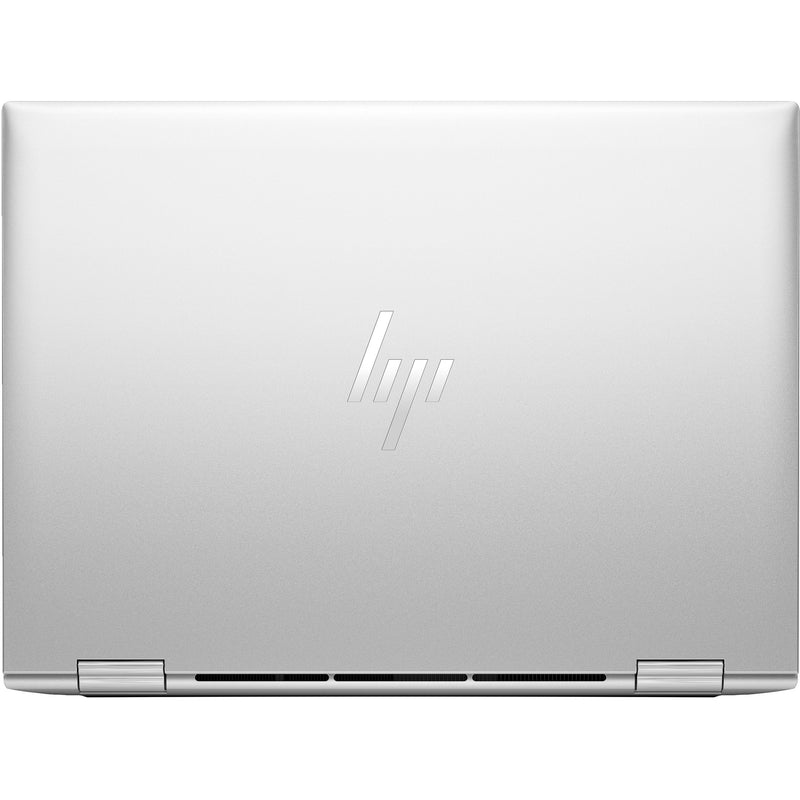 Top view of HP Elite x360 laptop showing silver aluminum finish and HP logo