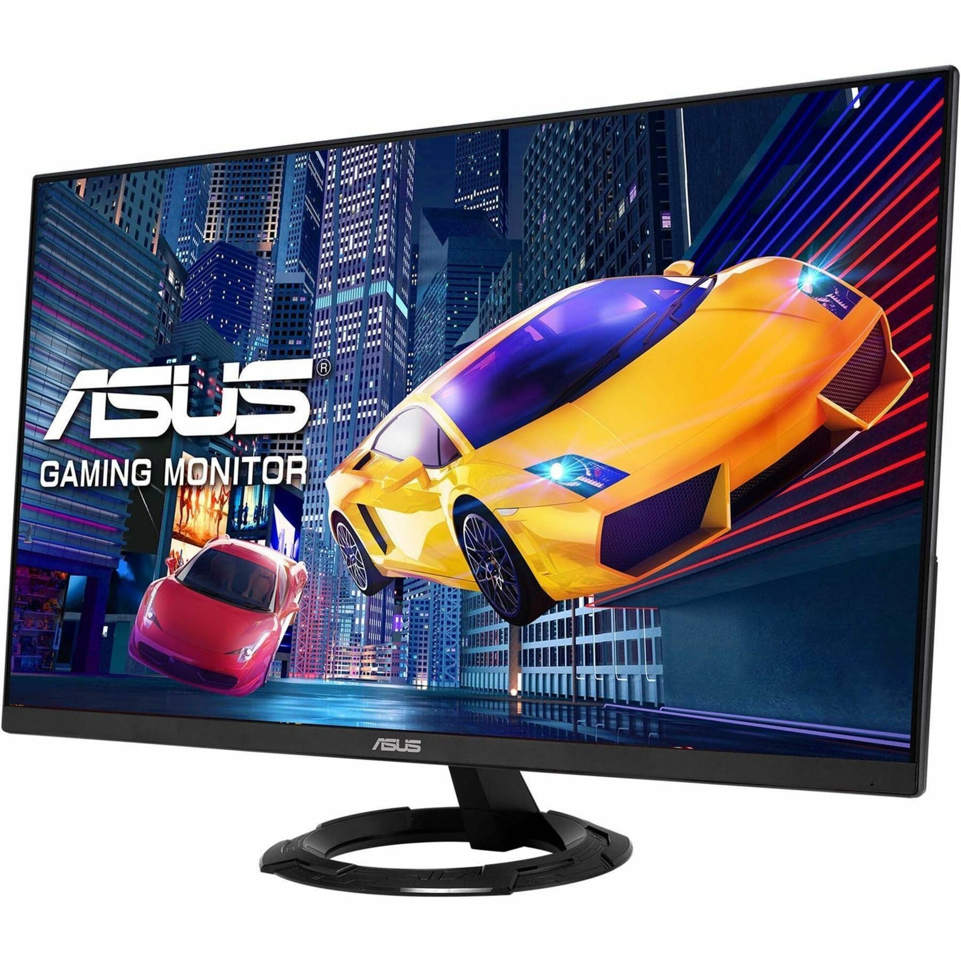 ASUS VZ279QG1R gaming monitor displaying racing game scene with vibrant yellow and red sports cars against cityscape background-alternate-image1