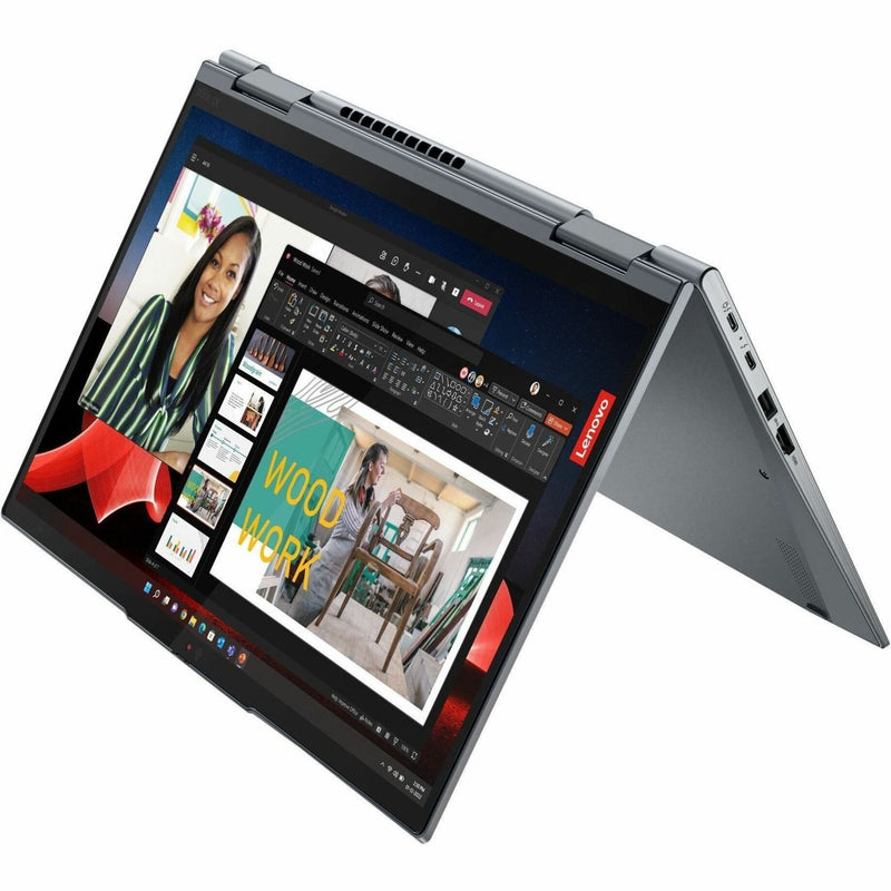 ThinkPad X1 Yoga Gen 8 in tent mode displaying video conference interface with presentation tools