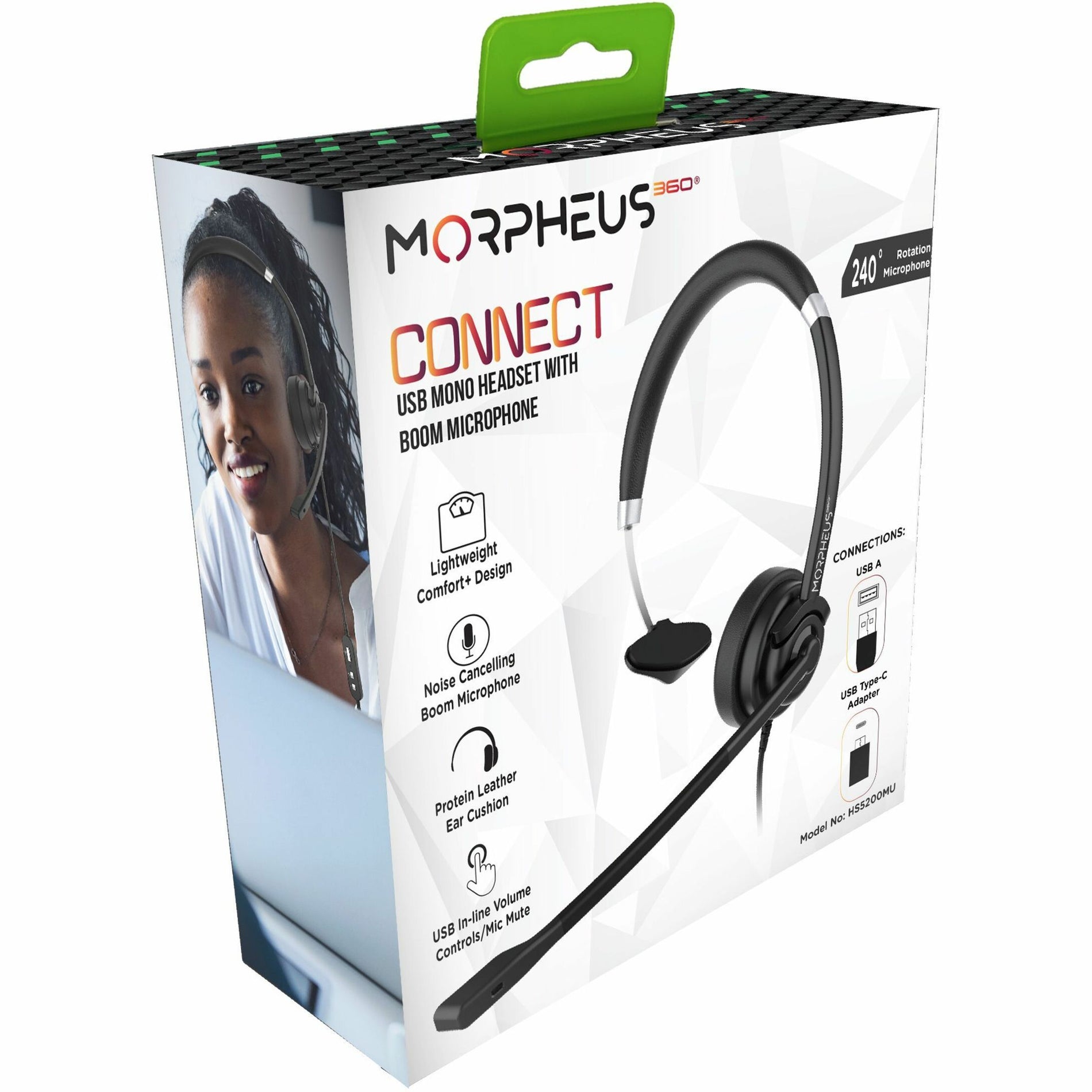 Morpheus 360 HS5200MU USB モノラルヘッドセット、ブームマイク付き、快適、プラグアンドプレイ、軽量。ブランド名はモルフェウスです。