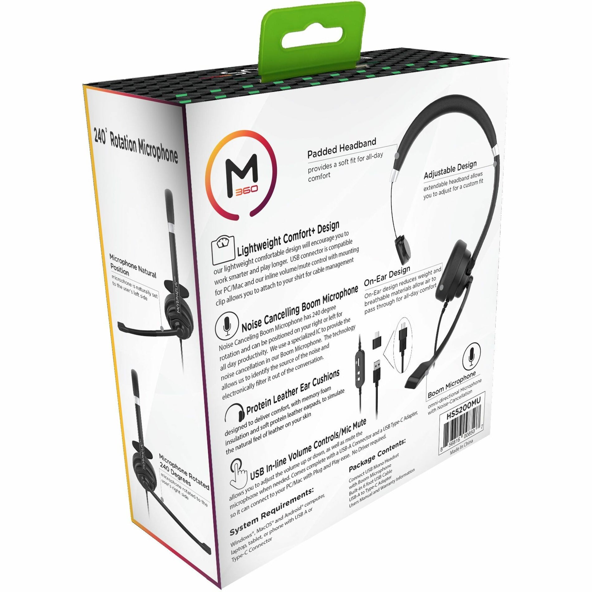 Morpheus 360 HS5200MU USB Mono Headset with Boom Microphone, Comfortable, Plug and Play, Lightweight