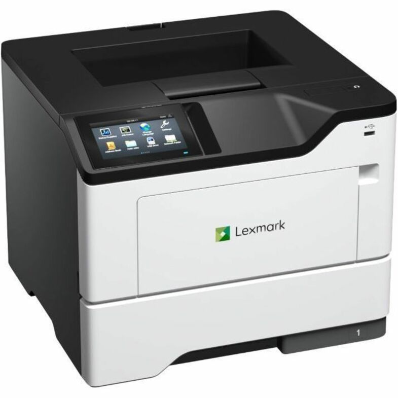 Lexmark MS632dwe monochrome laser printer with touchscreen display, shown from front right angle