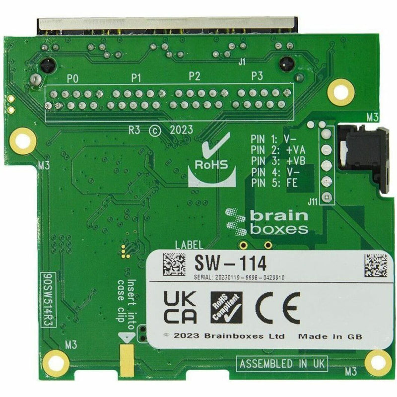 Bottom view of SW-114 switch showing RoHS certification, power pin layout, and product labeling