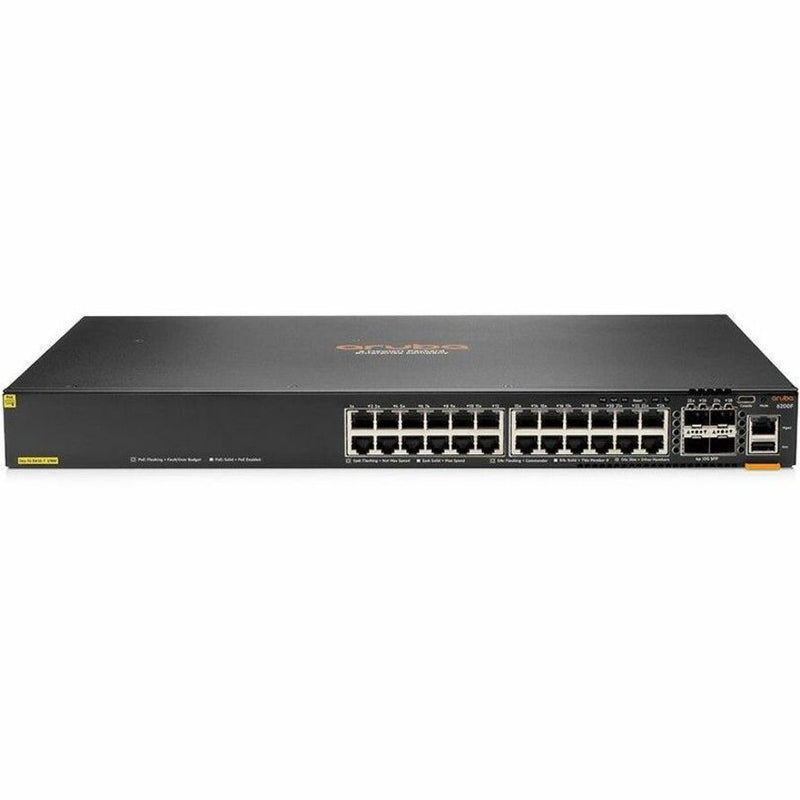 Front view of Aruba CX 6200F 24-port network switch showing Gigabit Ethernet ports and SFP+ uplink interfaces