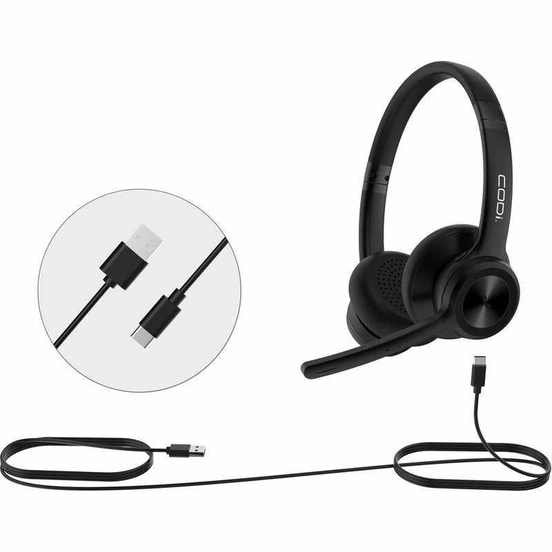 USB Type-C connection detail and full headset view with cable