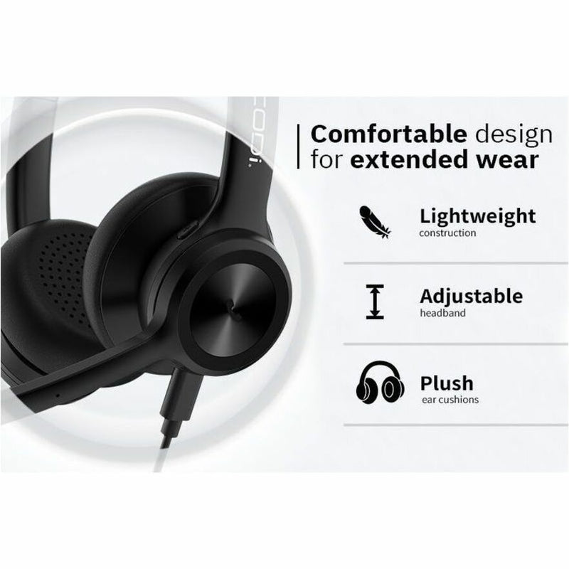 Comfort features diagram showing lightweight design, adjustable headband, and plush ear cushions