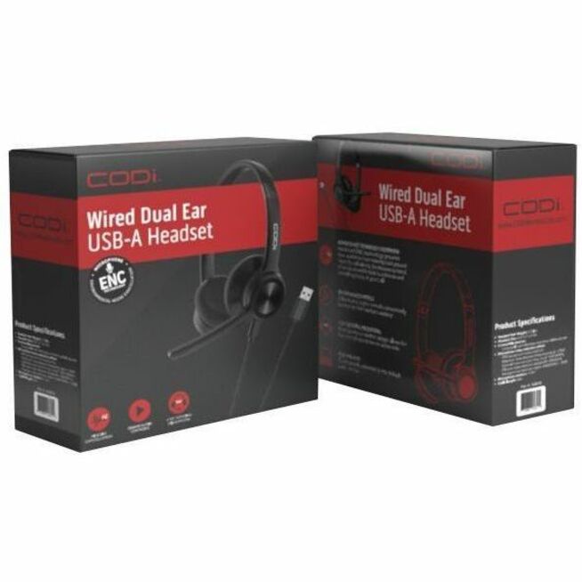 CODi headset retail packaging showing product features and ENC certification