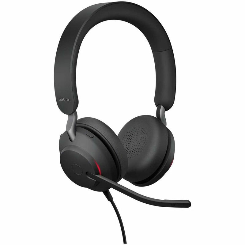 Angled view of Jabra Evolve2 40 SE headset highlighting LED busy light indicator