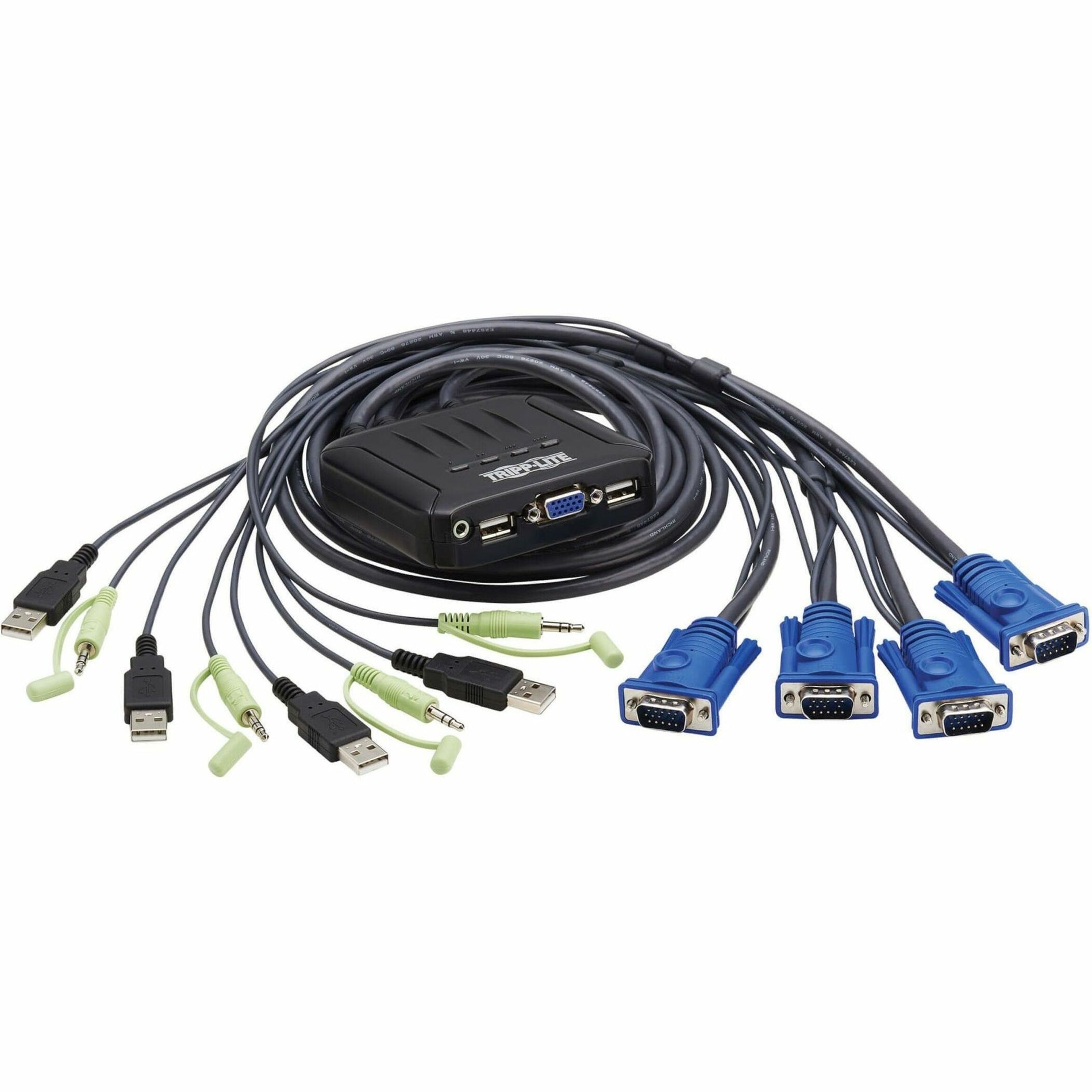 Tripp Lite B032-VUA4 KVM switch showing all integrated cables and connections spread out-alternate-image1