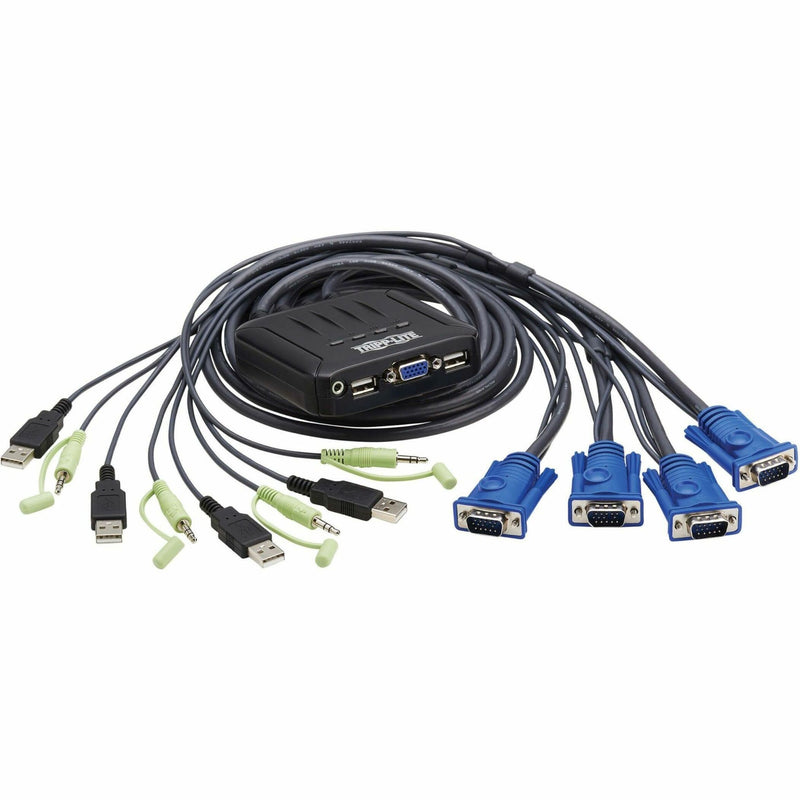 Tripp Lite B032-VUA4 KVM switch showing all integrated cables and connections spread out