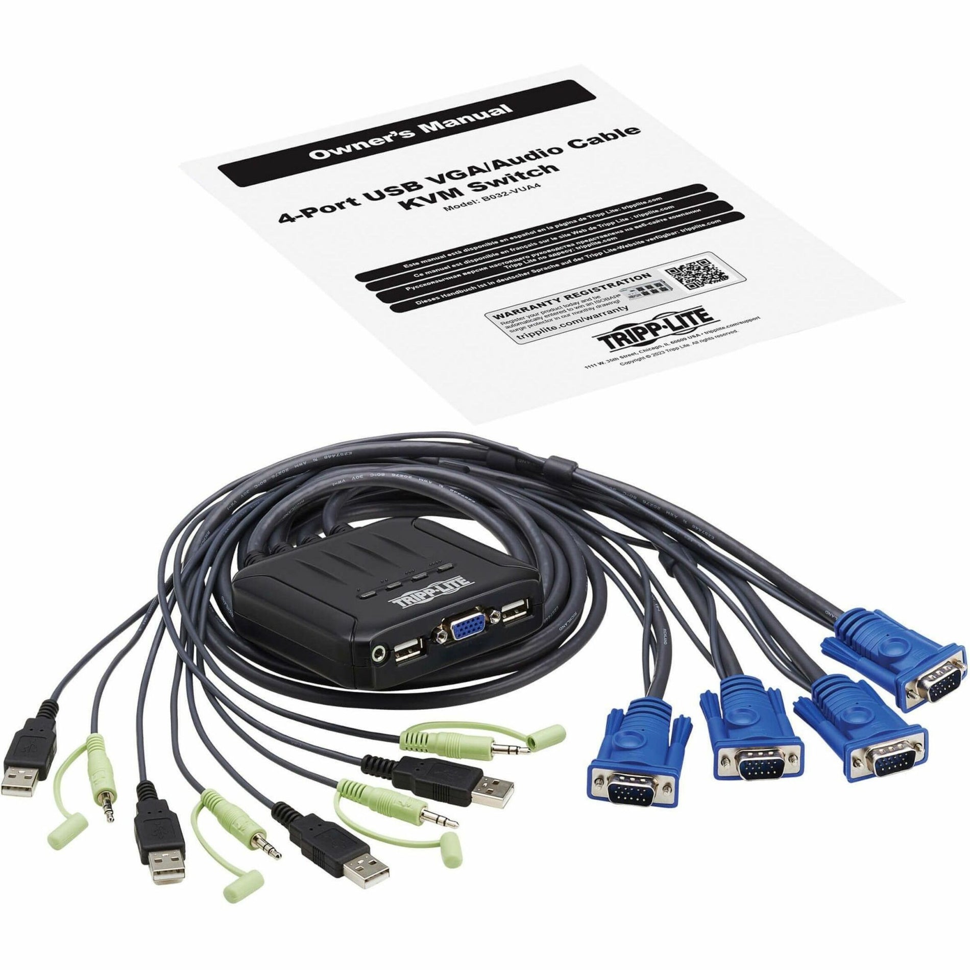 Tripp Lite B032-VUA4 4-Port VGA KVM Switch with Built-In VGA, USB and 3.5 mm Audio Cables, TAA Compliant