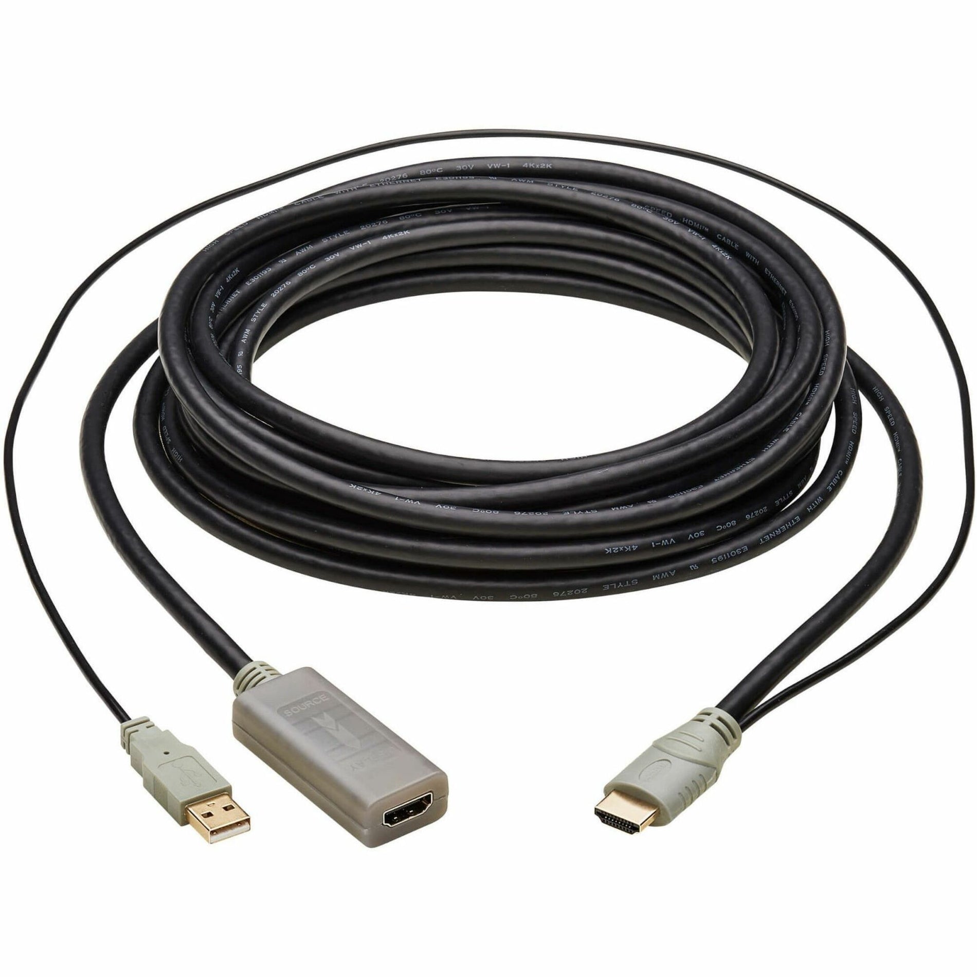 Full view of Tripp Lite P569-010-MF-ACT HDMI extension cable with active repeater showing male USB, female HDMI, and repeater unit-alternate-image1