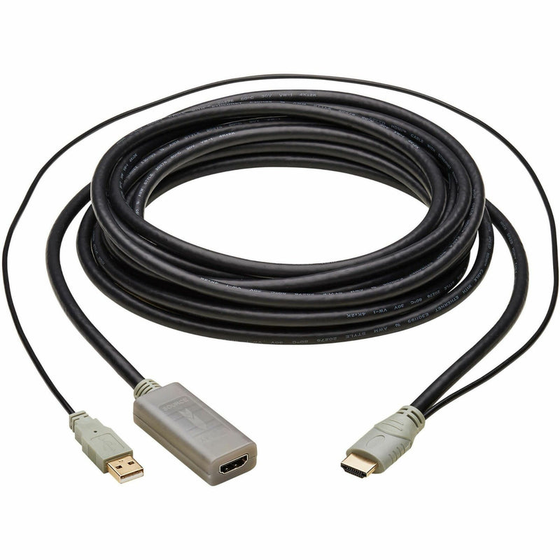 Full view of Tripp Lite P569-010-MF-ACT HDMI extension cable with active repeater showing male USB, female HDMI, and repeater unit