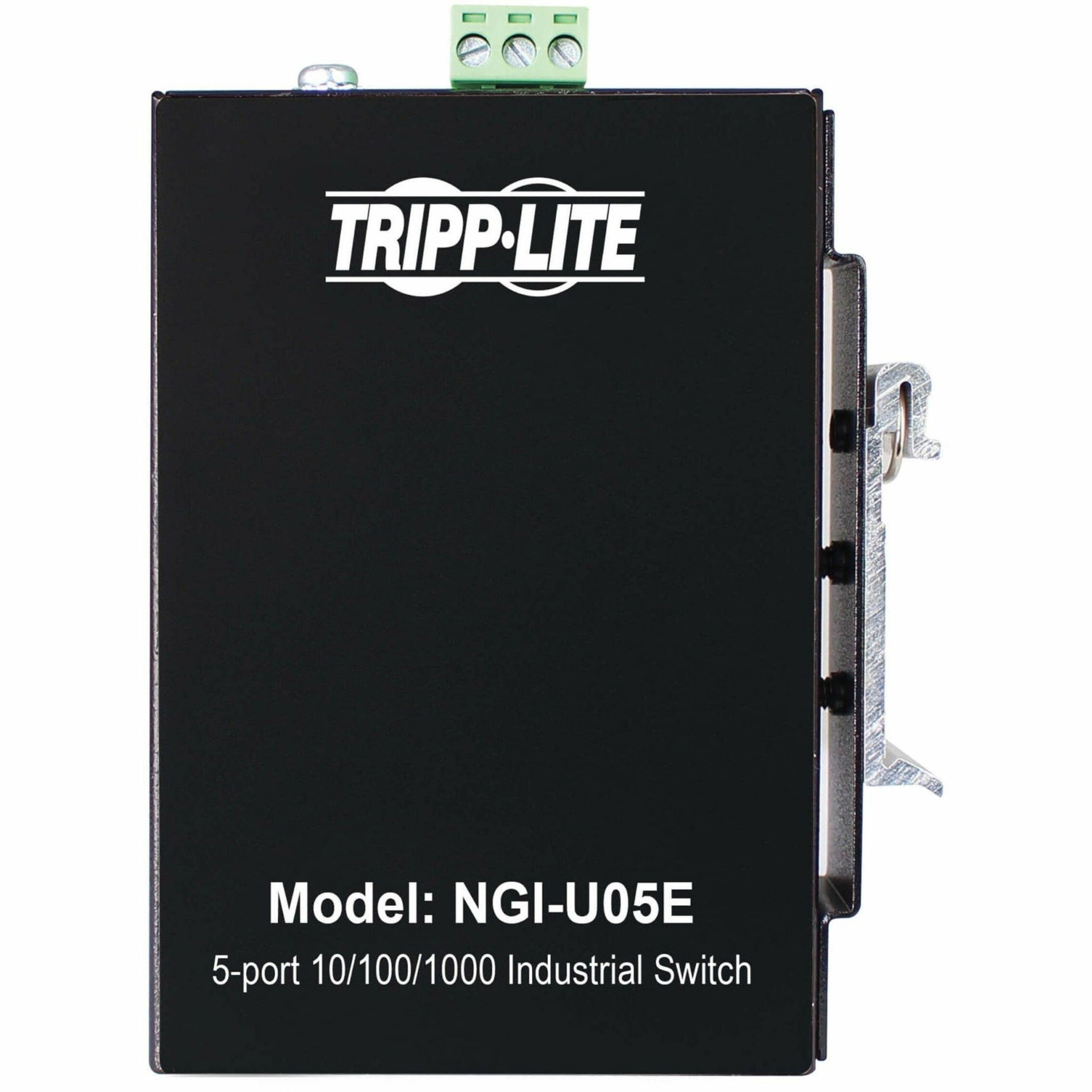 Front view of Tripp Lite NGI-U05E 5-port industrial ethernet switch showing model information and branding-alternate-image1