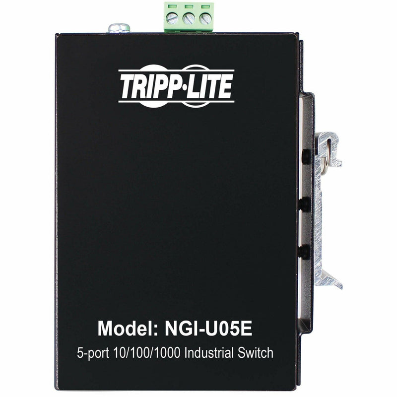 Front view of Tripp Lite NGI-U05E 5-port industrial ethernet switch showing model information and branding