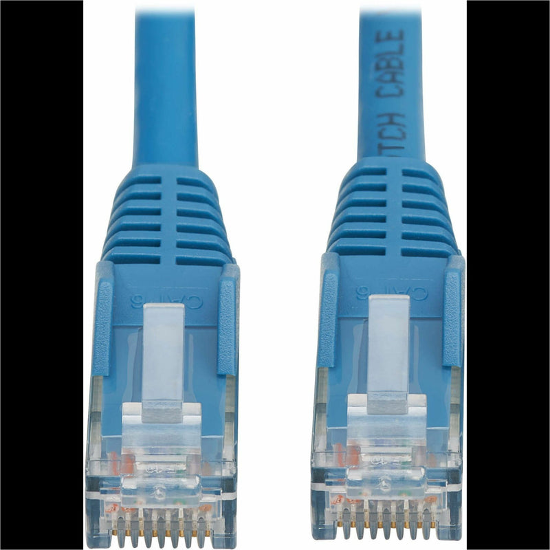 Close-up of two blue snagless RJ45 connectors showing strain relief design