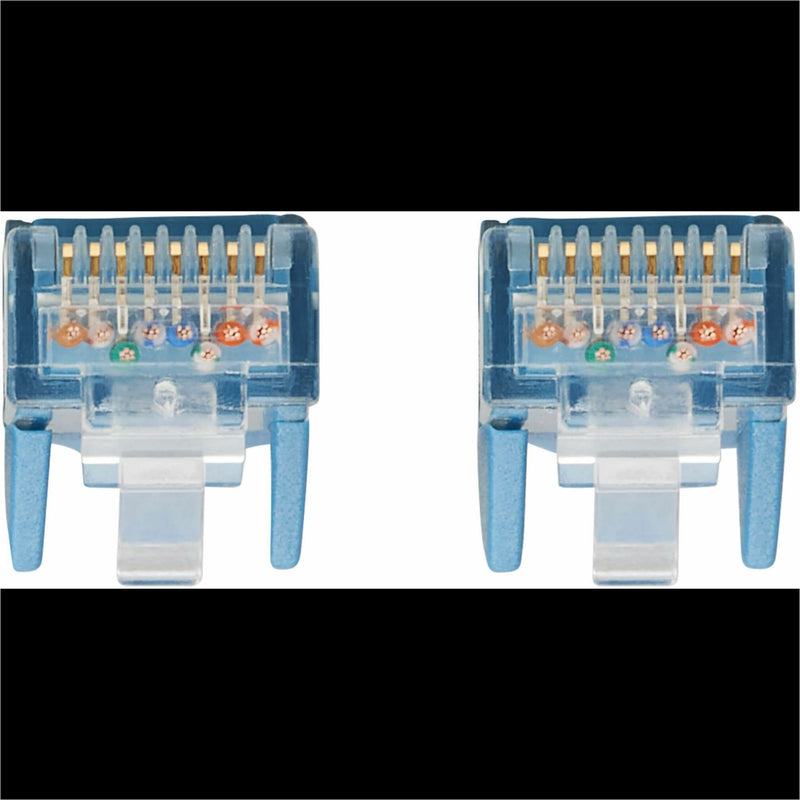 Detailed view of RJ45 connector pins showing gold-plated contacts and wiring pattern