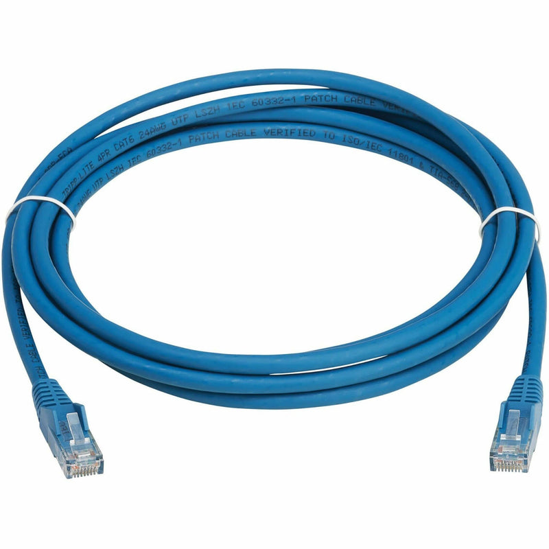 Blue Cat6 Ethernet cable with RJ45 connectors showing full cable length and coiled design