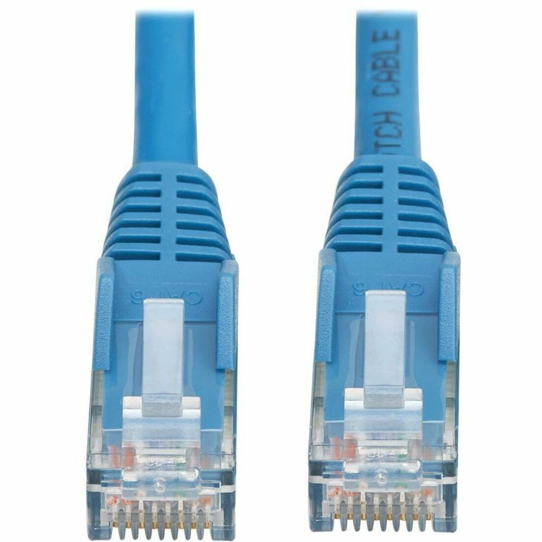 Close-up view of blue Cat6 cable RJ45 connectors showing snagless design and strain relief-alternate-image2