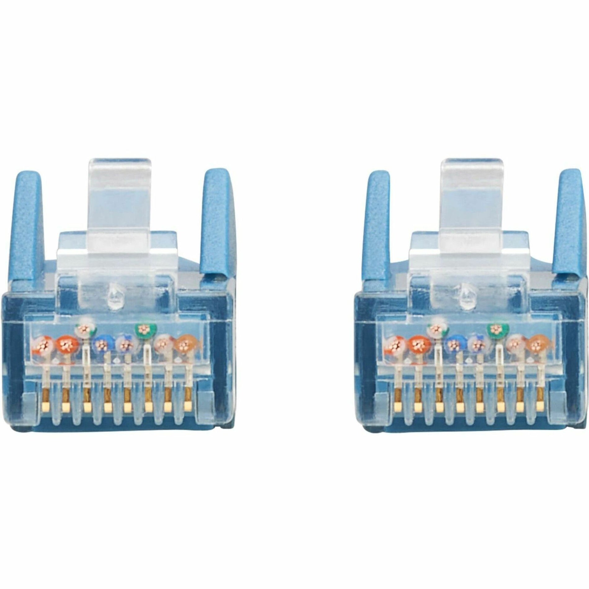 Close-up view of two transparent RJ45 connectors showing gold-plated pins and color-coded wiring-alternate-image1