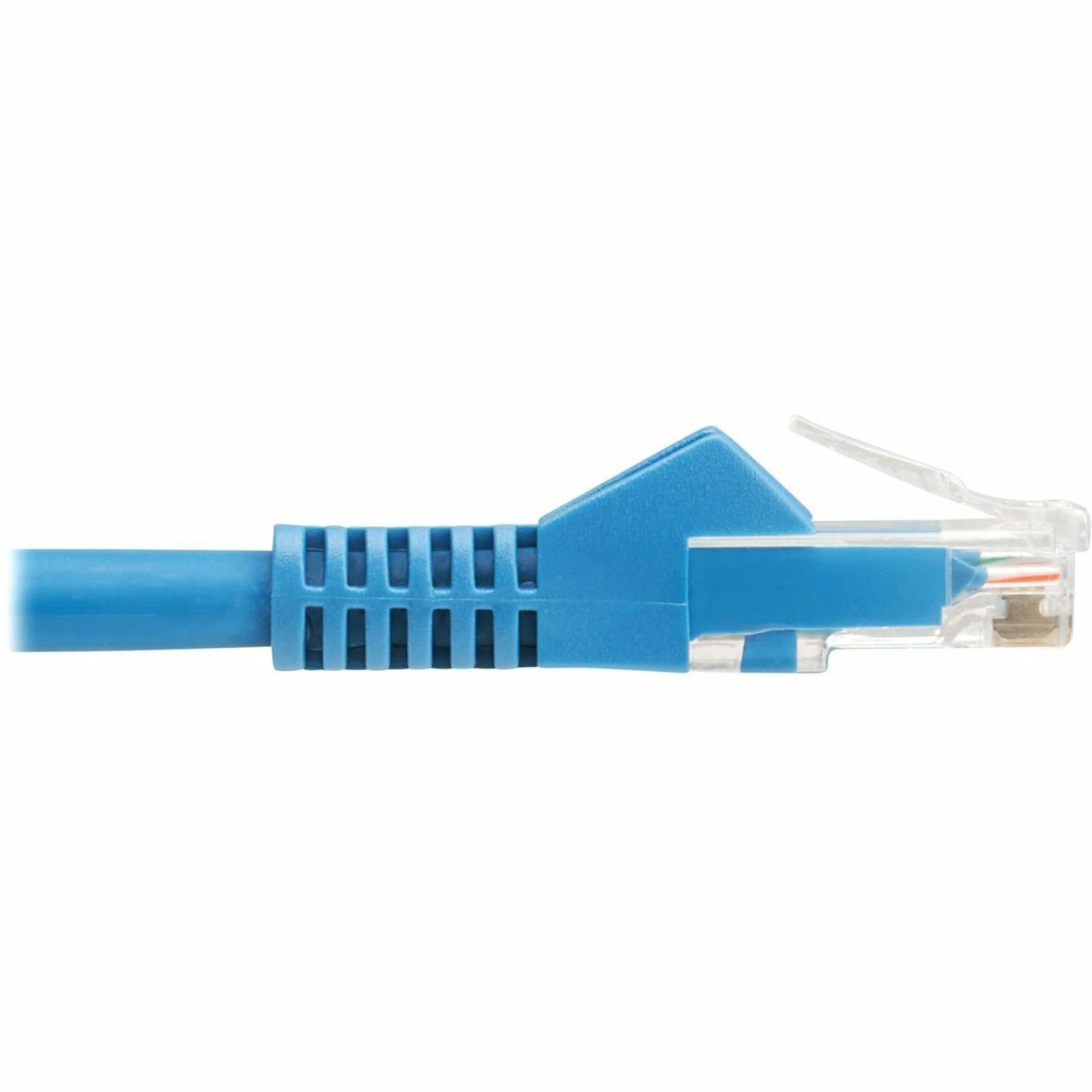 Side view of blue Cat6 ethernet cable connector showing strain relief boot and snagless design-alternate-image2