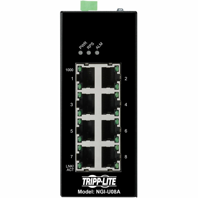 Front view of Tripp Lite NGI-U08A showing eight numbered Ethernet ports and status LED indicators