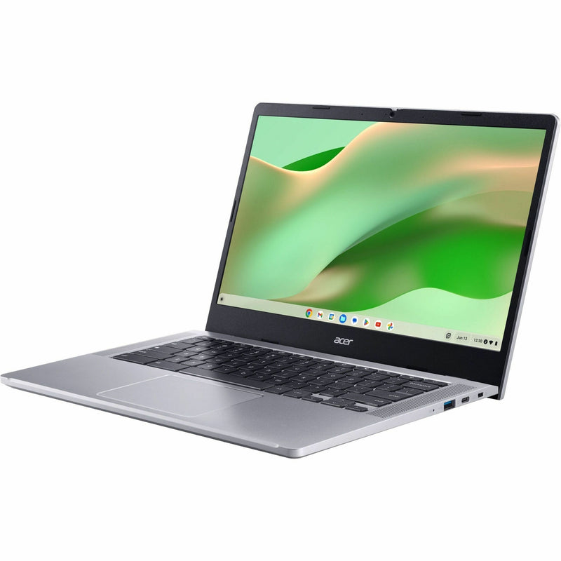 Left side angle view of Acer Chromebook 314 showing sleek silver design with 14-inch Full HD touchscreen display