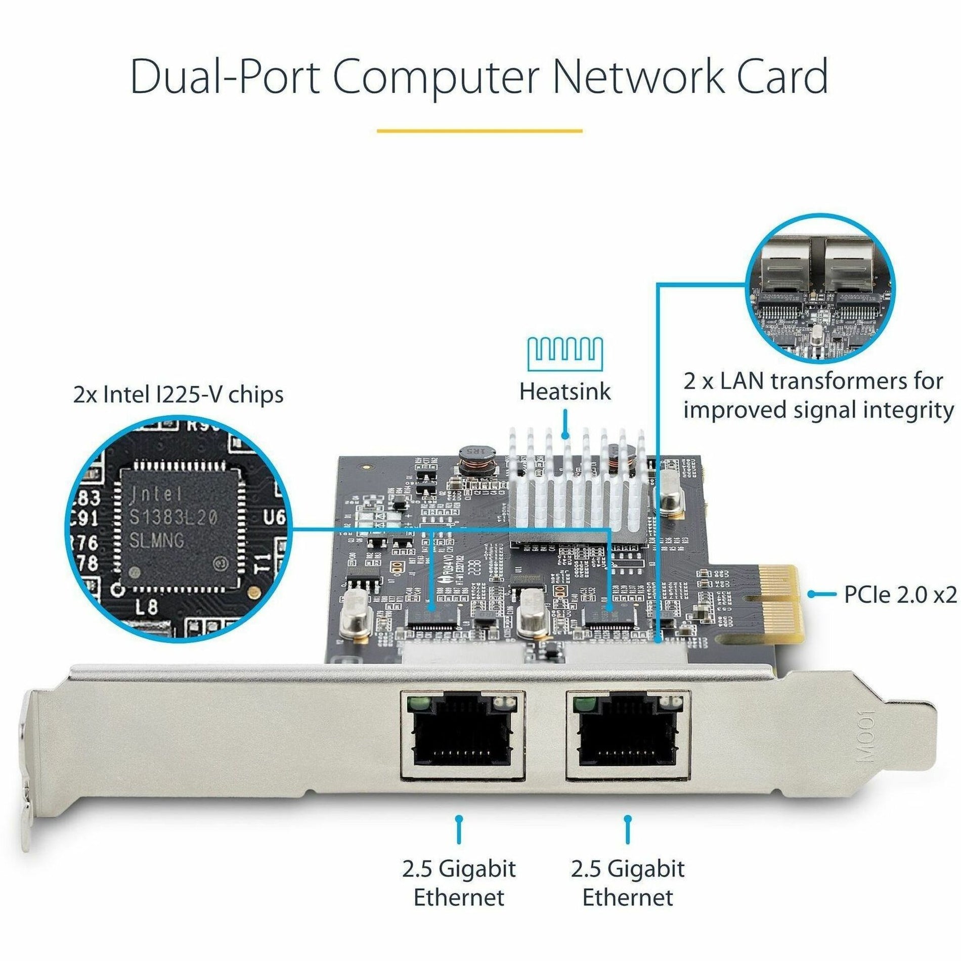 Marca: StarTech.com Tarjeta adaptadora de red Ethernet de 2 puertos 2.5GBase-T - PCIe 2.0 x2 Conectividad de red de alta velocidad