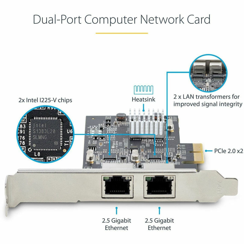 Detailed view of network card components including Intel chips, heatsink, and LAN transformers