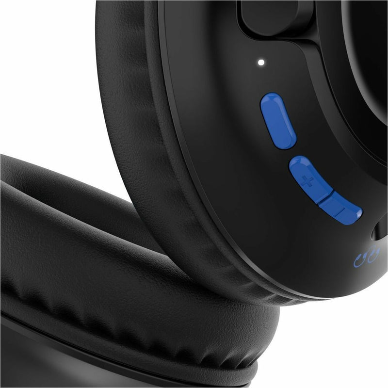 Close-up of Belkin SoundForm Inspire headphone controls with blue accent buttons