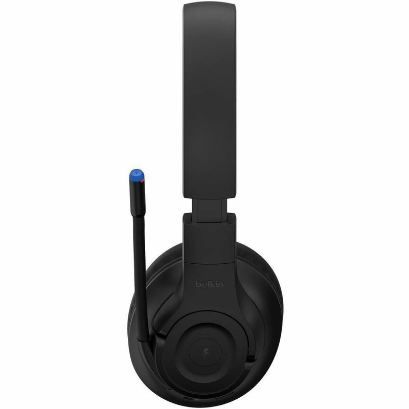 Side profile of Belkin SoundForm Inspire headphones showing adjustable microphone and ear cup design