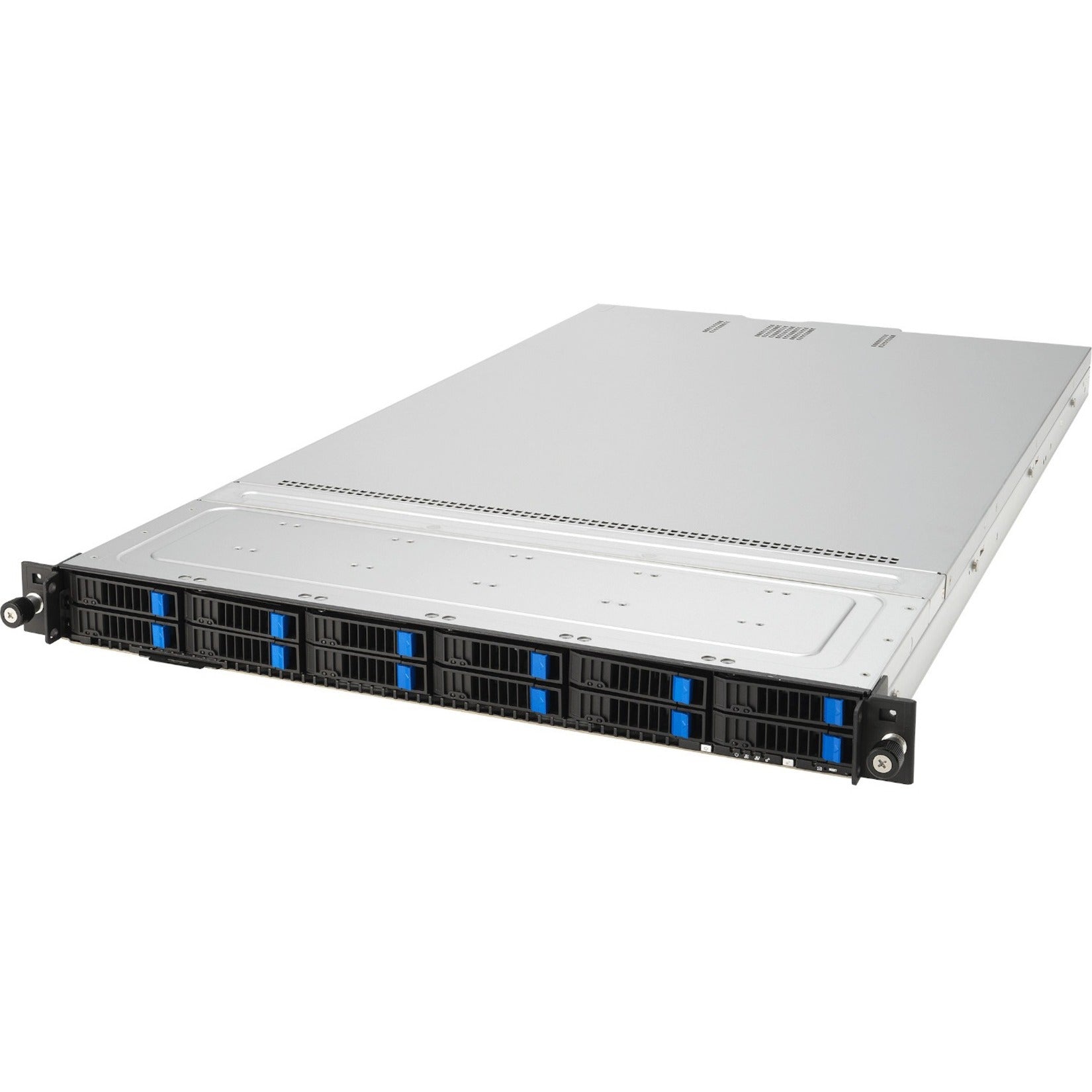 Front view of ASUS RS700-E11-RS12U server showing 12 hot-swappable drive bays with blue release tabs-alternate-image1