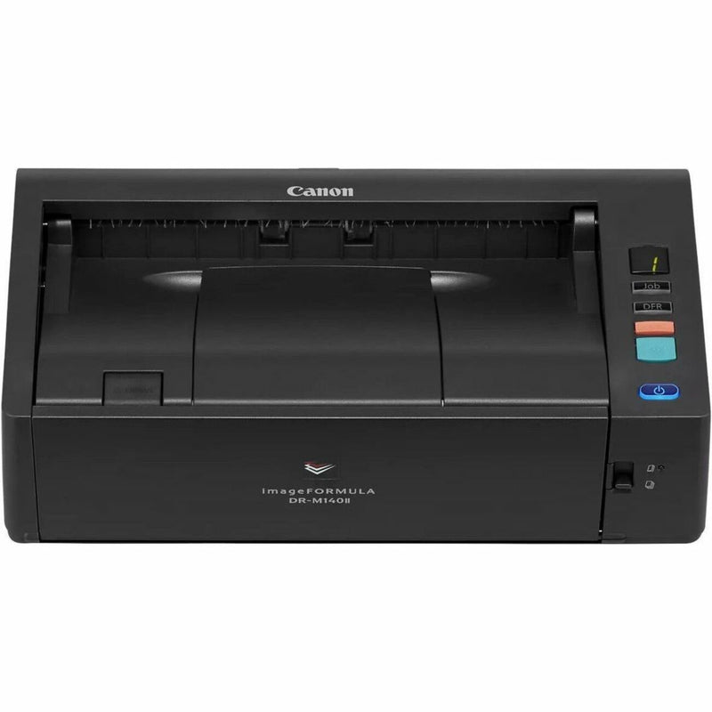 Front view of Canon imageFORMULA DR-M140II document scanner showing control panel and paper feed tray