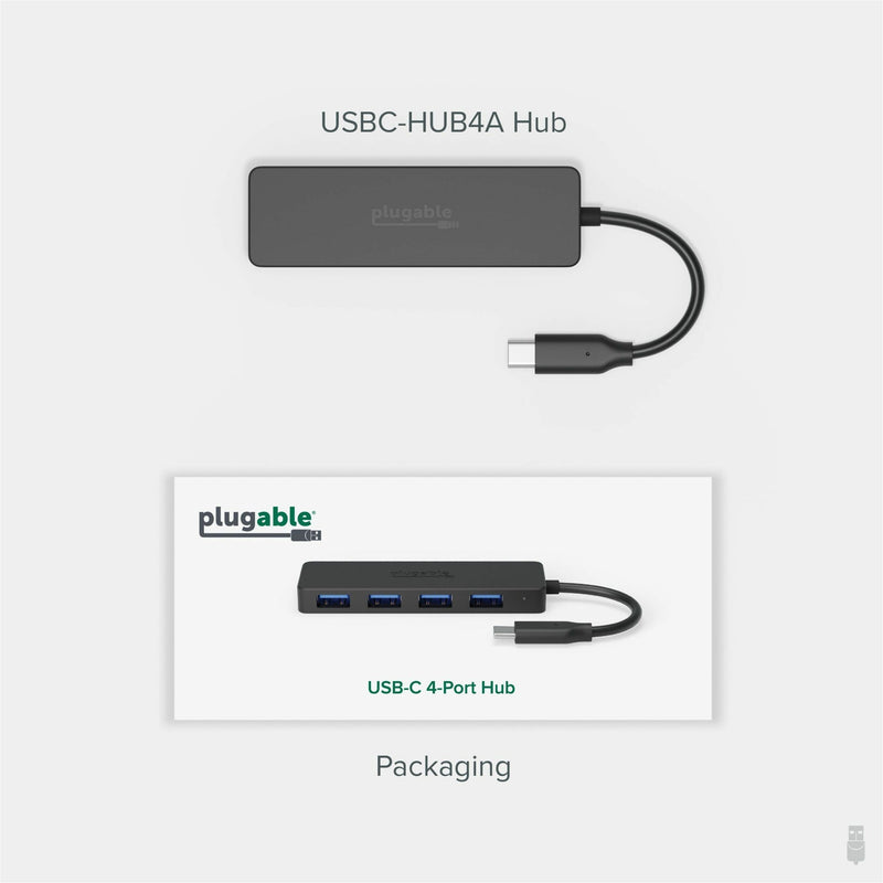 Product packaging and top view of the Plugable USBC-HUB4A USB hub