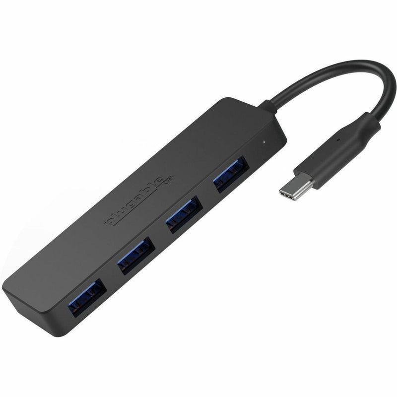 Plugable USBC-HUB4A USB hub showing four USB 3.0 ports and USB-C connector in matte black finish