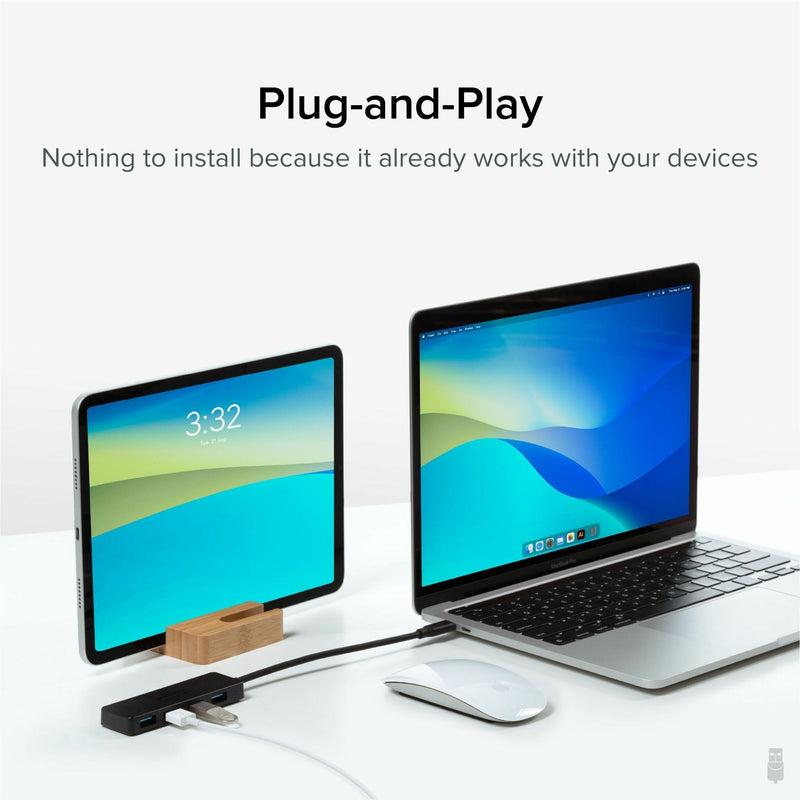 MacBook and iPad setup showing plug-and-play functionality with the USB hub