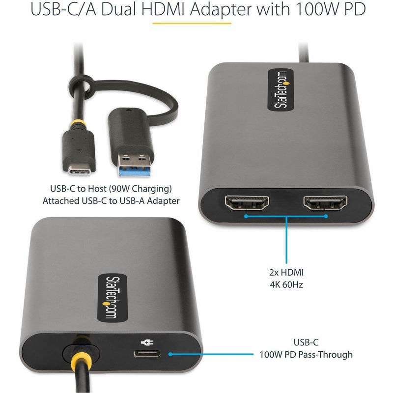 Close-up view of StarTech.com adapter showing dual HDMI ports and USB-C power delivery port