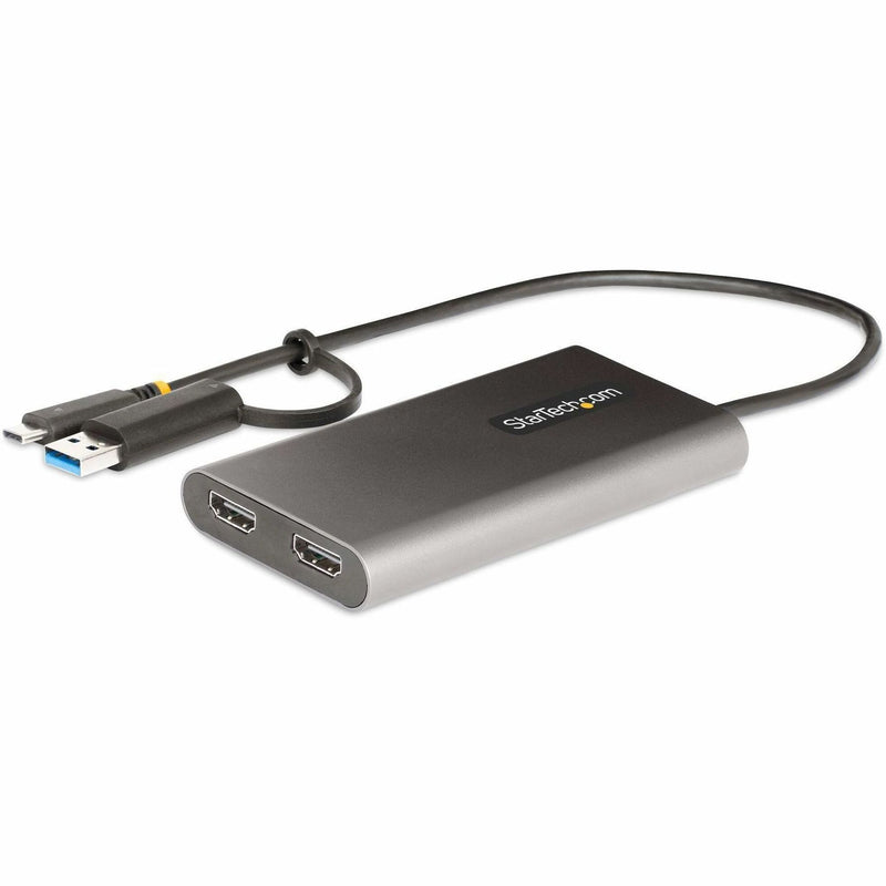 StarTech.com dual HDMI adapter with USB-C/A cable showing the device's sleek gray aluminum housing and dual HDMI ports