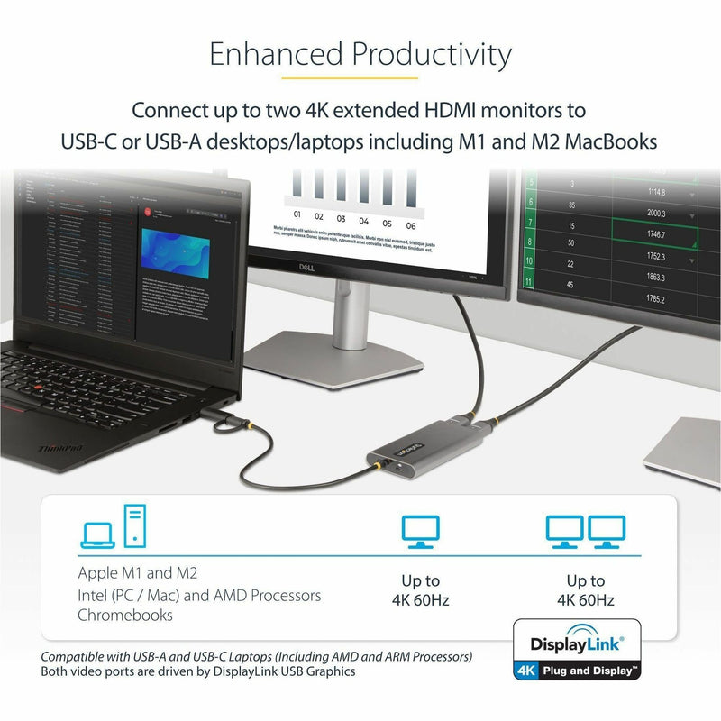 Demonstration of dual monitor setup with laptop showing productivity applications and spreadsheets