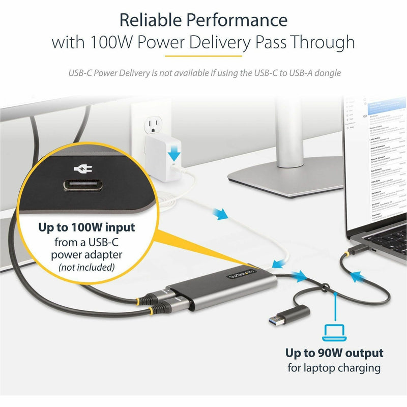 Diagram showing power delivery setup with USB-C connection and power adapter