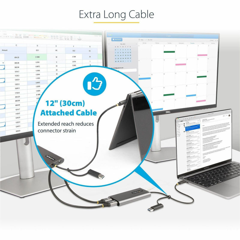 Close-up of the 12-inch cable attachment showing strain relief and connection to laptop