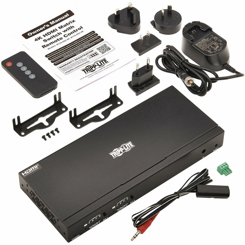 Complete package contents of HDMI matrix switch including accessories and documentation