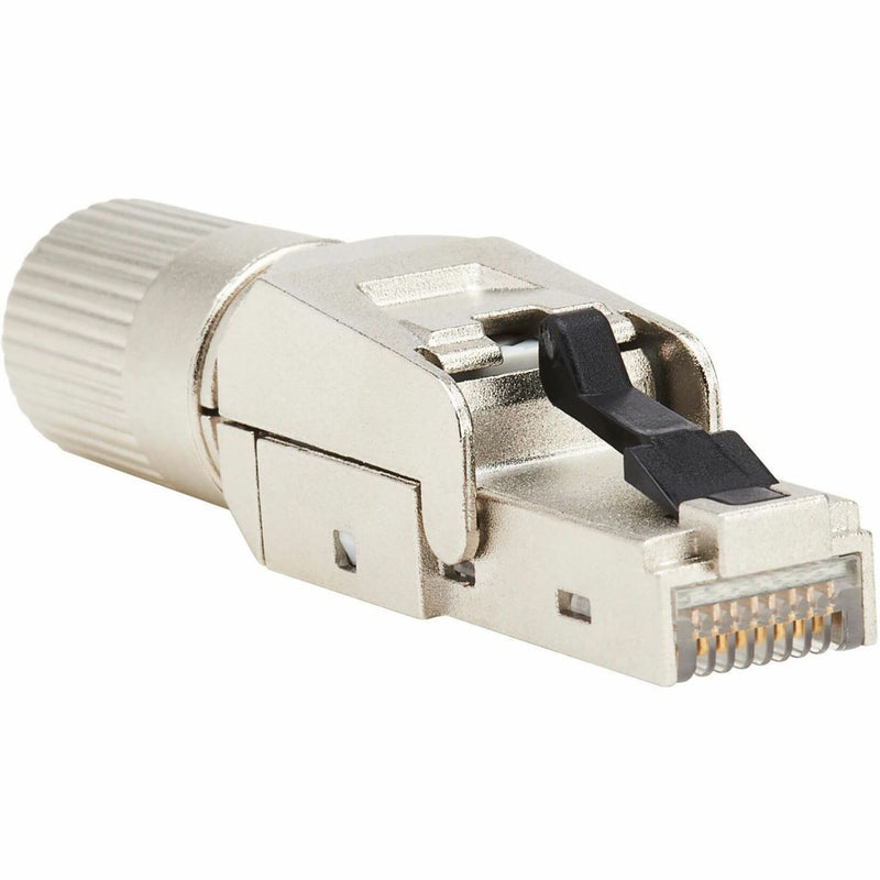 Front view of Cat8 RJ-45 connector showing gold-plated contacts and shielded housing