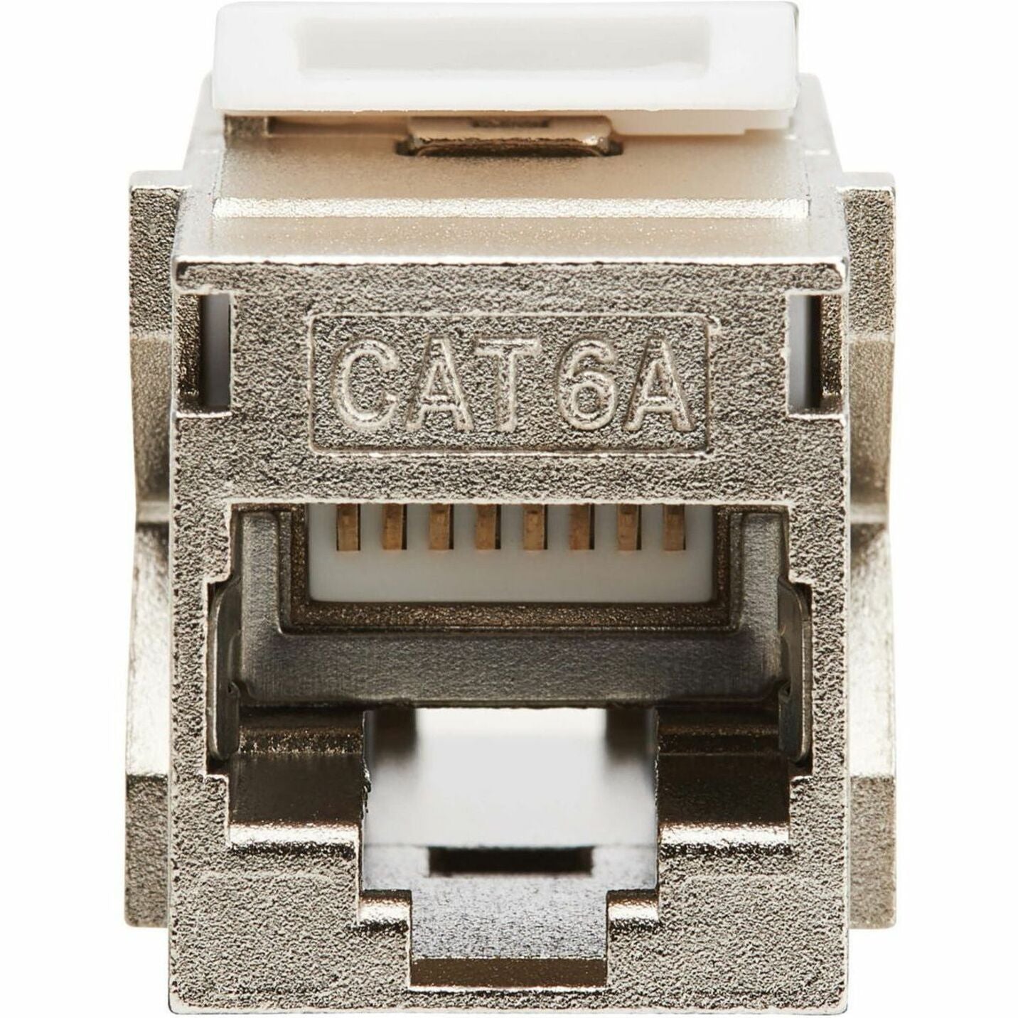 Front view of Cat6a coupler showing internal contact array and CAT6A marking-alternate-image2