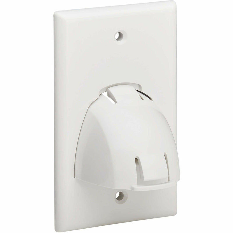 Front view of white single-gang wall plate with curved cable opening