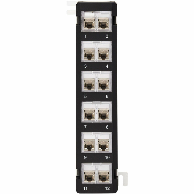 Close-up of installed shielded keystone jacks in patch panel