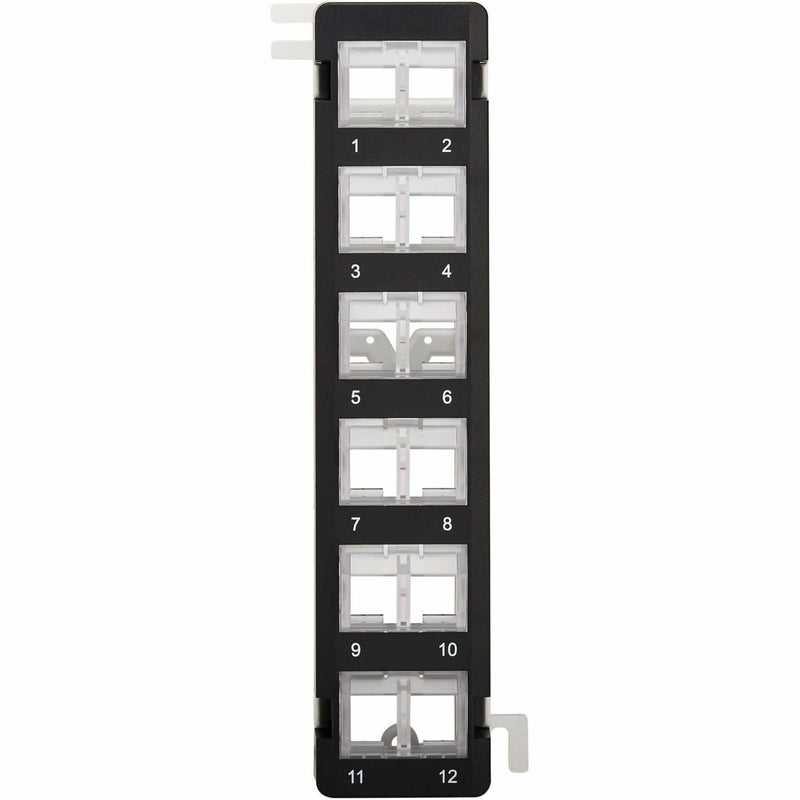 Close-up view of patch panel port modules showing keystone jack mounting frames