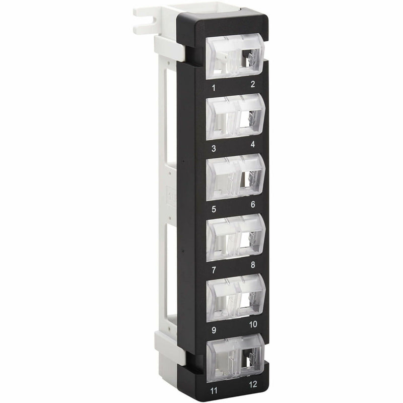 Front view of 12-port vertical patch panel showing numbered ports with white bezels against black frame